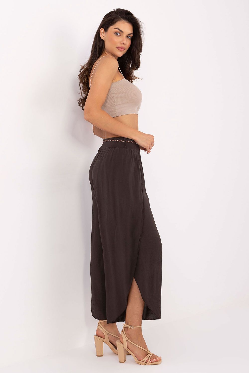 Women's High Waist Viscose Trousers - Airy Pants with Decorative Tie