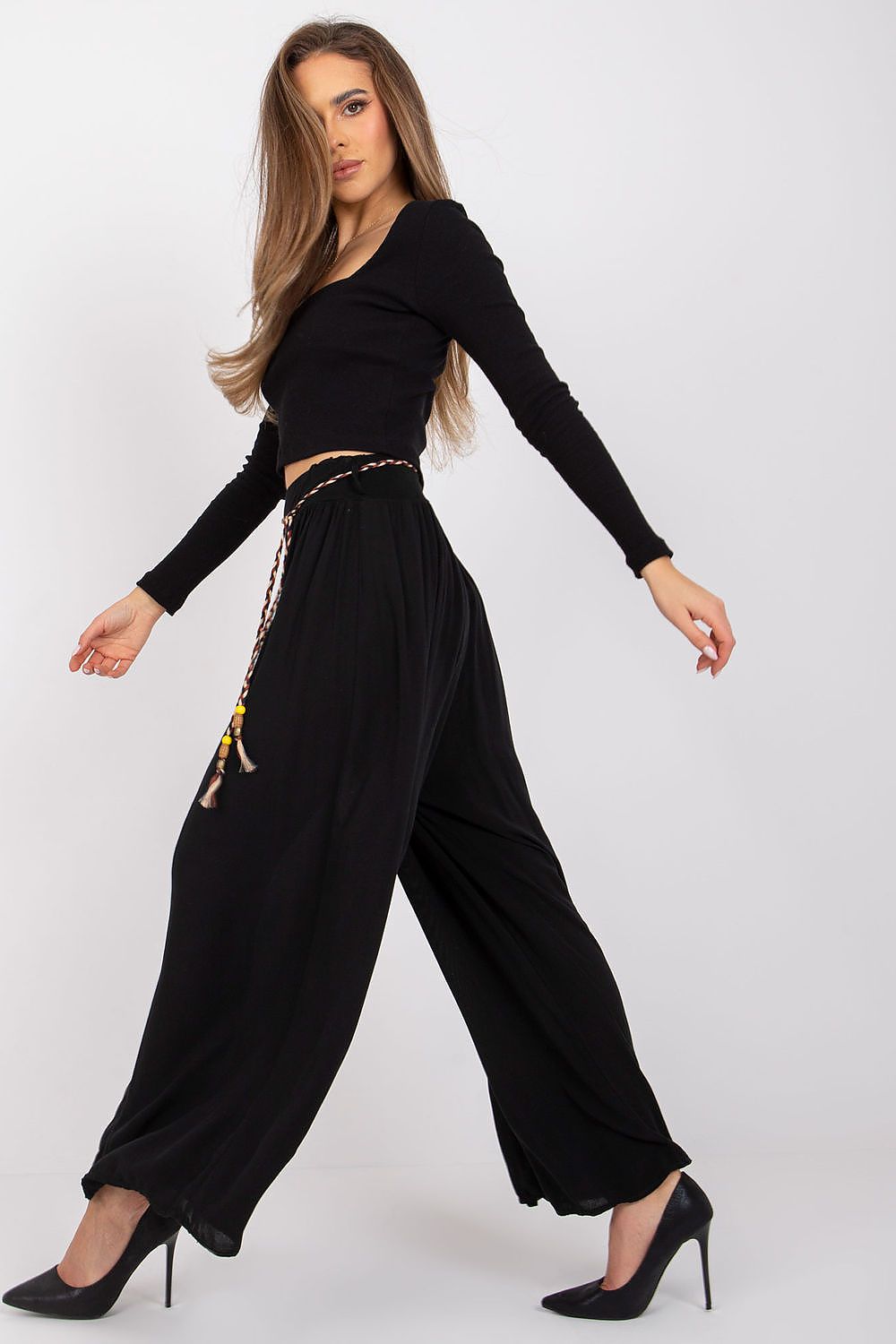 Women's High Waist Wide Leg Viscose Trousers - Elastic Waist with Tie Belt