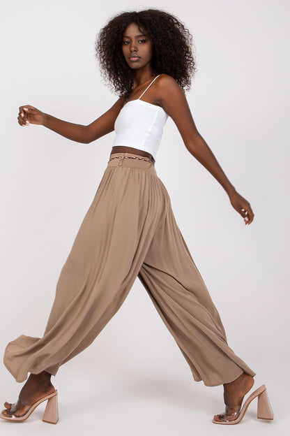 Women's High Waist Wide Leg Viscose Trousers - Elastic Waist with Tie Belt