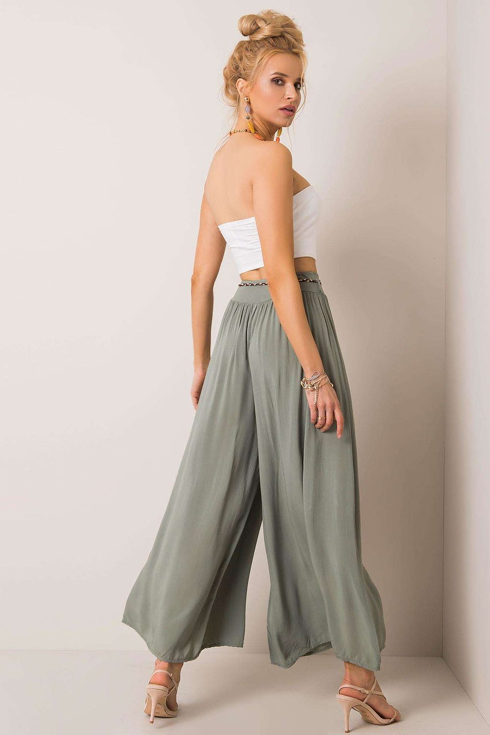Women's High Waist Wide Leg Viscose Trousers - Elastic Waist with Tie Belt