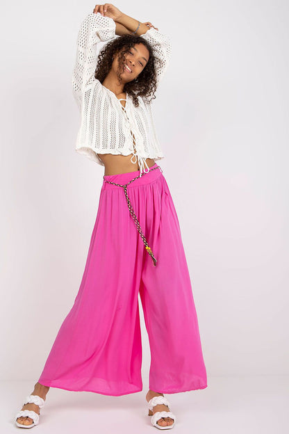 Women's High Waist Wide Leg Viscose Trousers - Elastic Waist with Tie Belt
