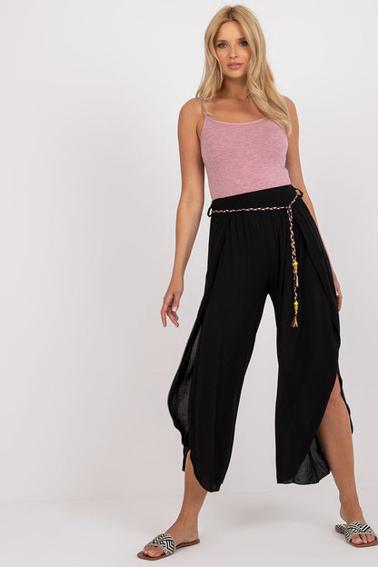 Women's High Waist Viscose Trousers - Airy Pants with Decorative Tie