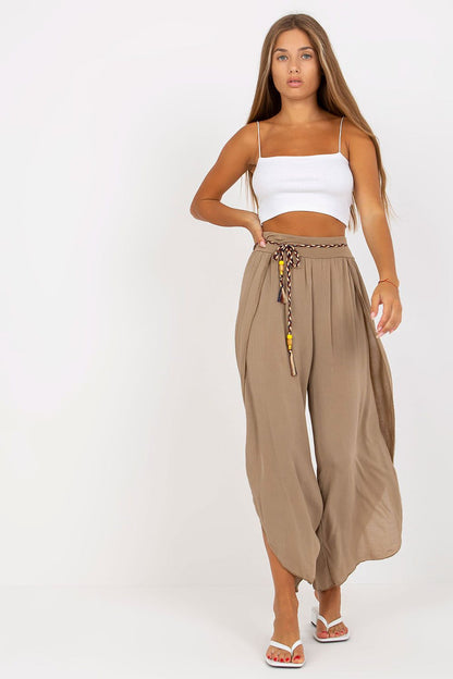 Women's High Waist Viscose Trousers - Airy Pants with Decorative Tie beige