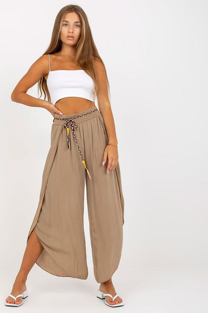 Women's High Waist Viscose Trousers - Airy Pants with Decorative Tie