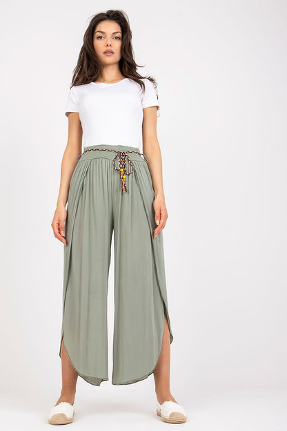 Women's High Waist Viscose Trousers - Airy Pants with Decorative Tie