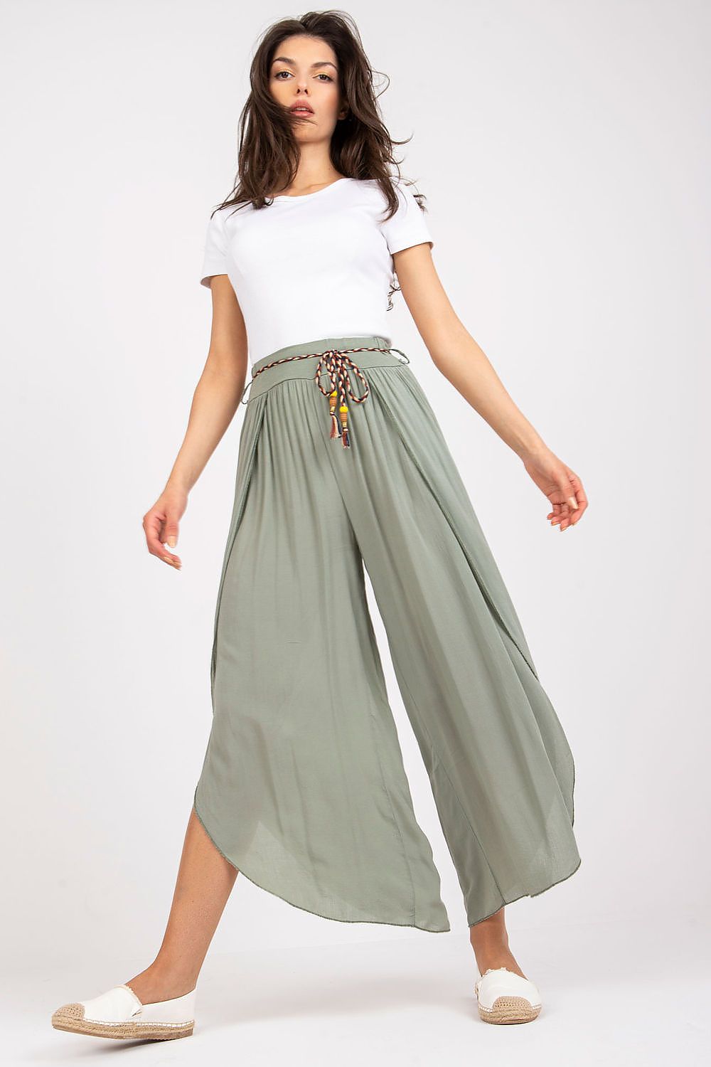 Women's High Waist Viscose Trousers - Airy Pants with Decorative Tie