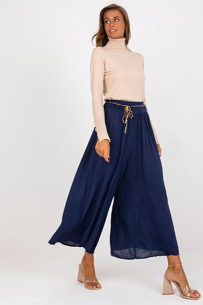 Women's High Waist Wide Leg Viscose Trousers - Elastic Waist with Tie Belt
