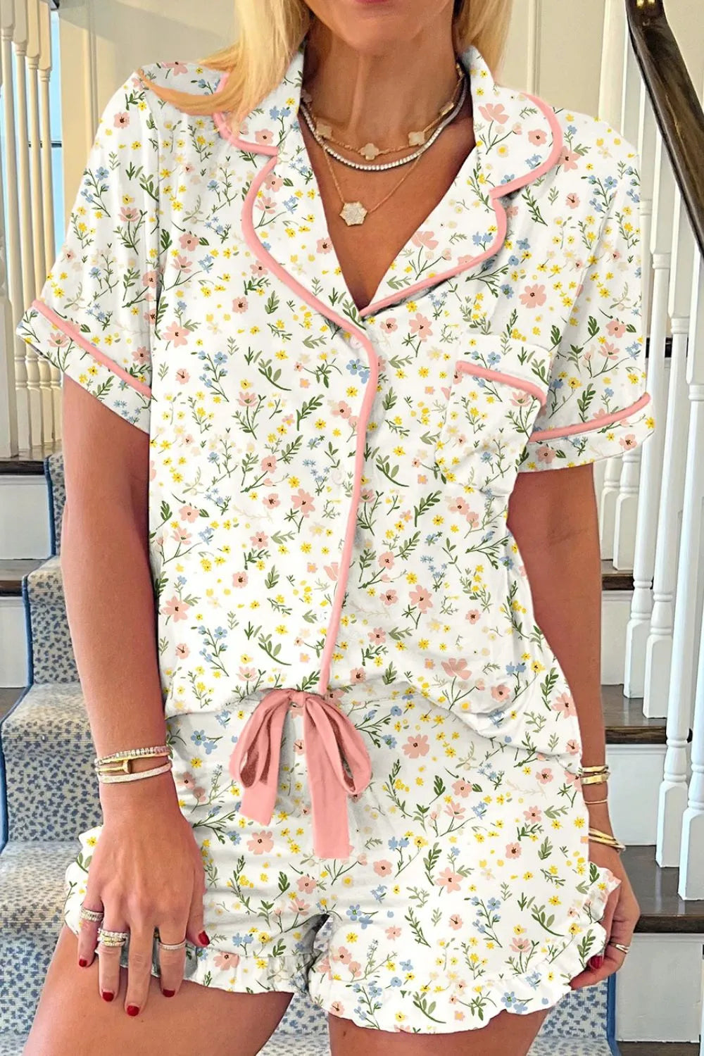 Printed Button Up Short Sleeve Top and Shorts Lounge Set Ivory