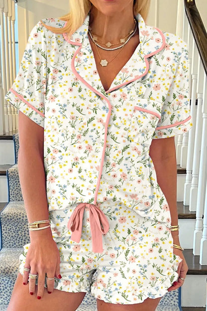 Printed Button Up Short Sleeve Top and Shorts Lounge Set Ivory