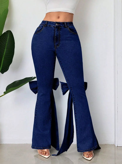 Bow-Accented Flare Leg Jeans