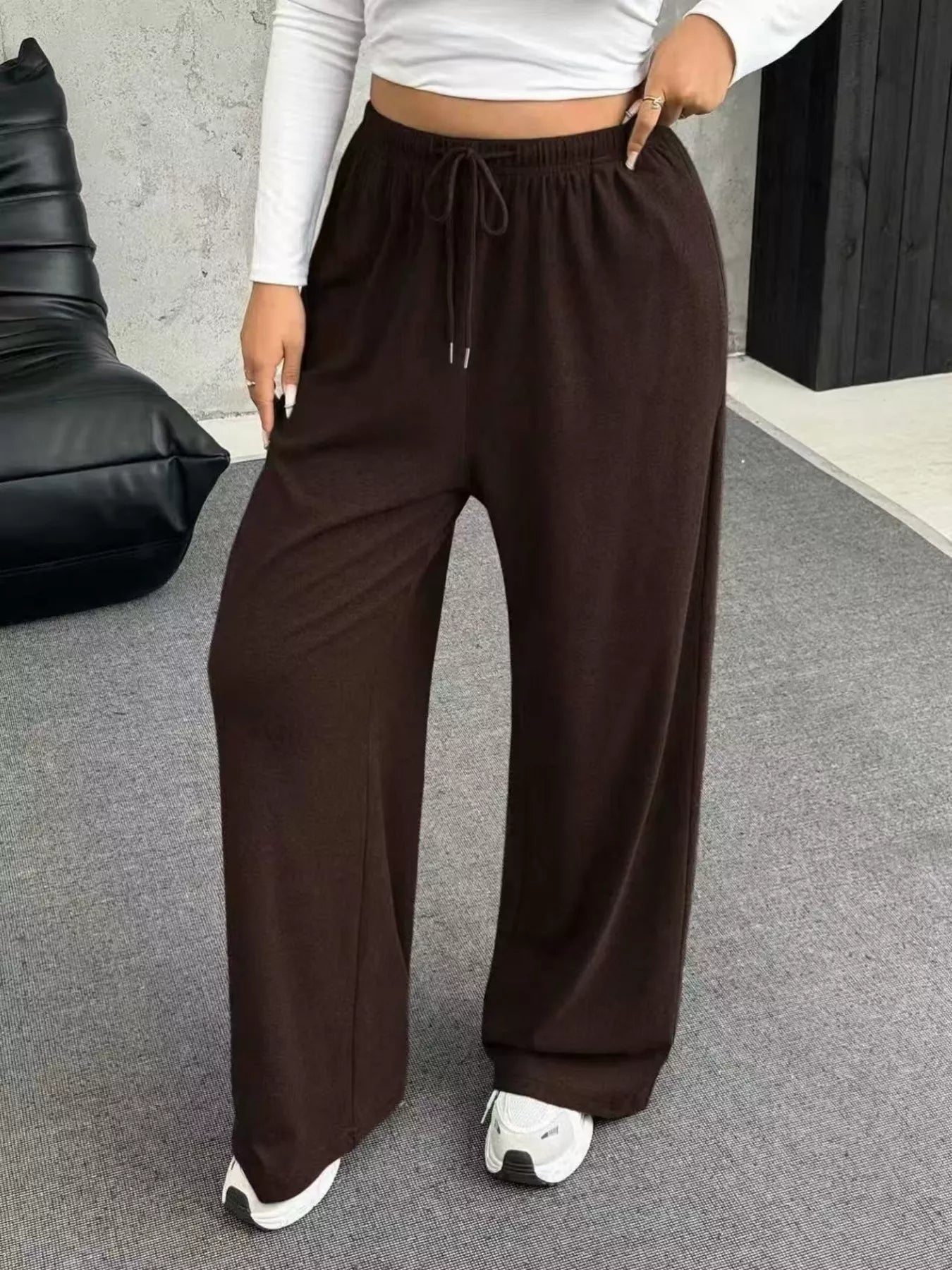 Full Size Drawstring Wide Leg Pants Plus Size Brown
