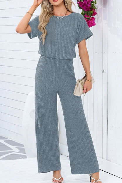 Ribbed Short Sleeve Wide Leg Jumpsuit Dusty Blue