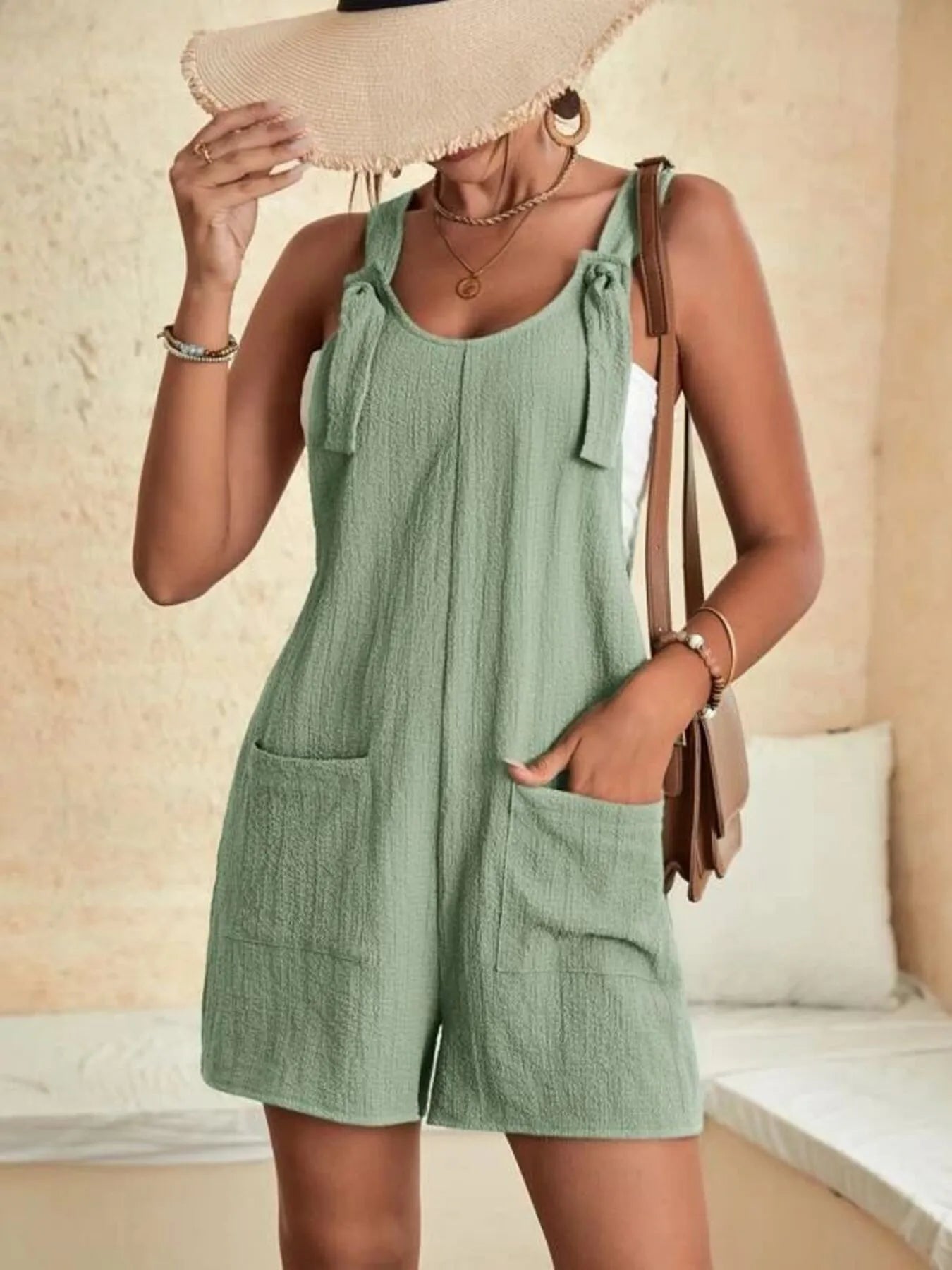 Full Size Knot Strap Romper with Pockets Plus Size