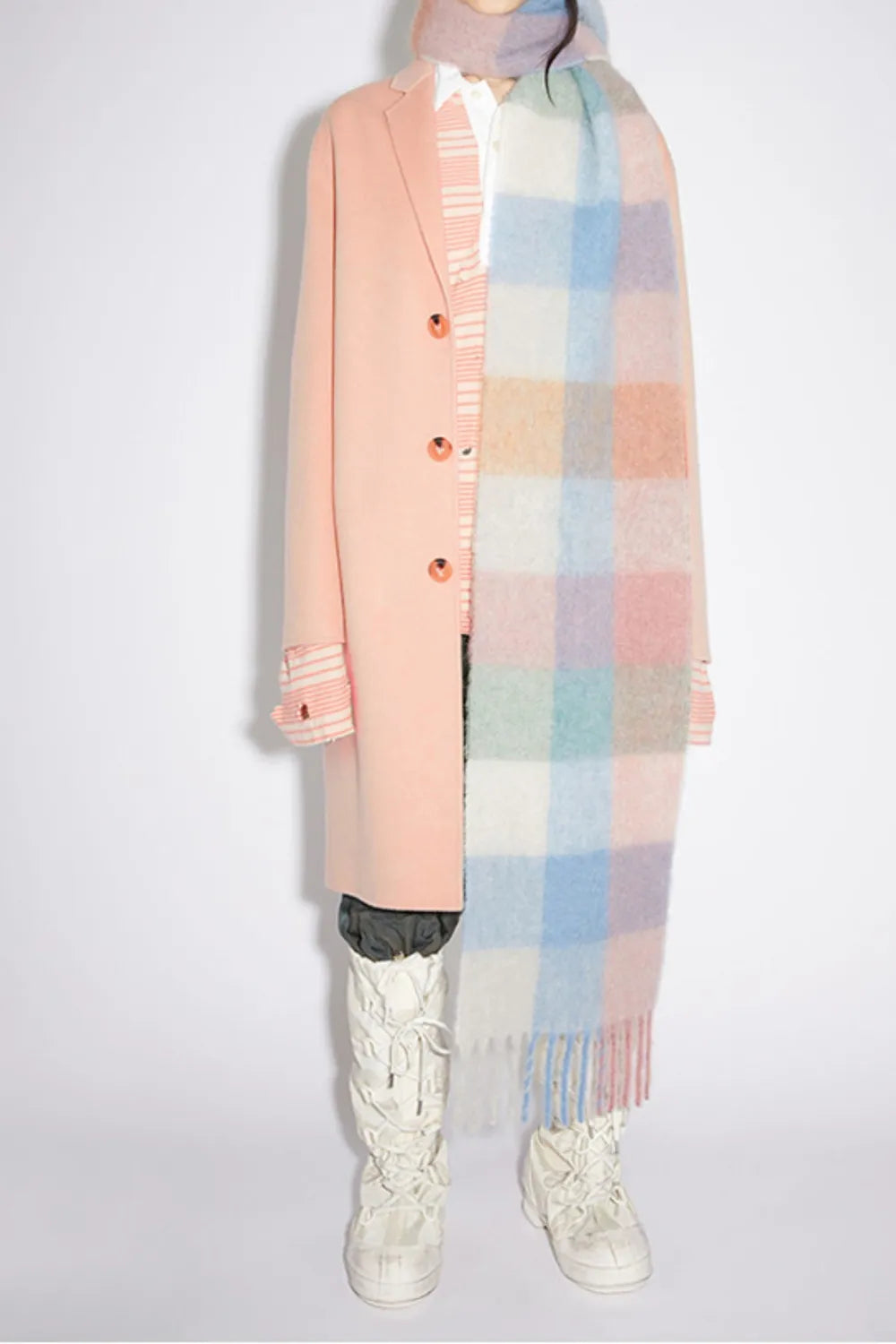 Thermal Fringe Contrast Plaid Scarf Pink Blue grid One Size