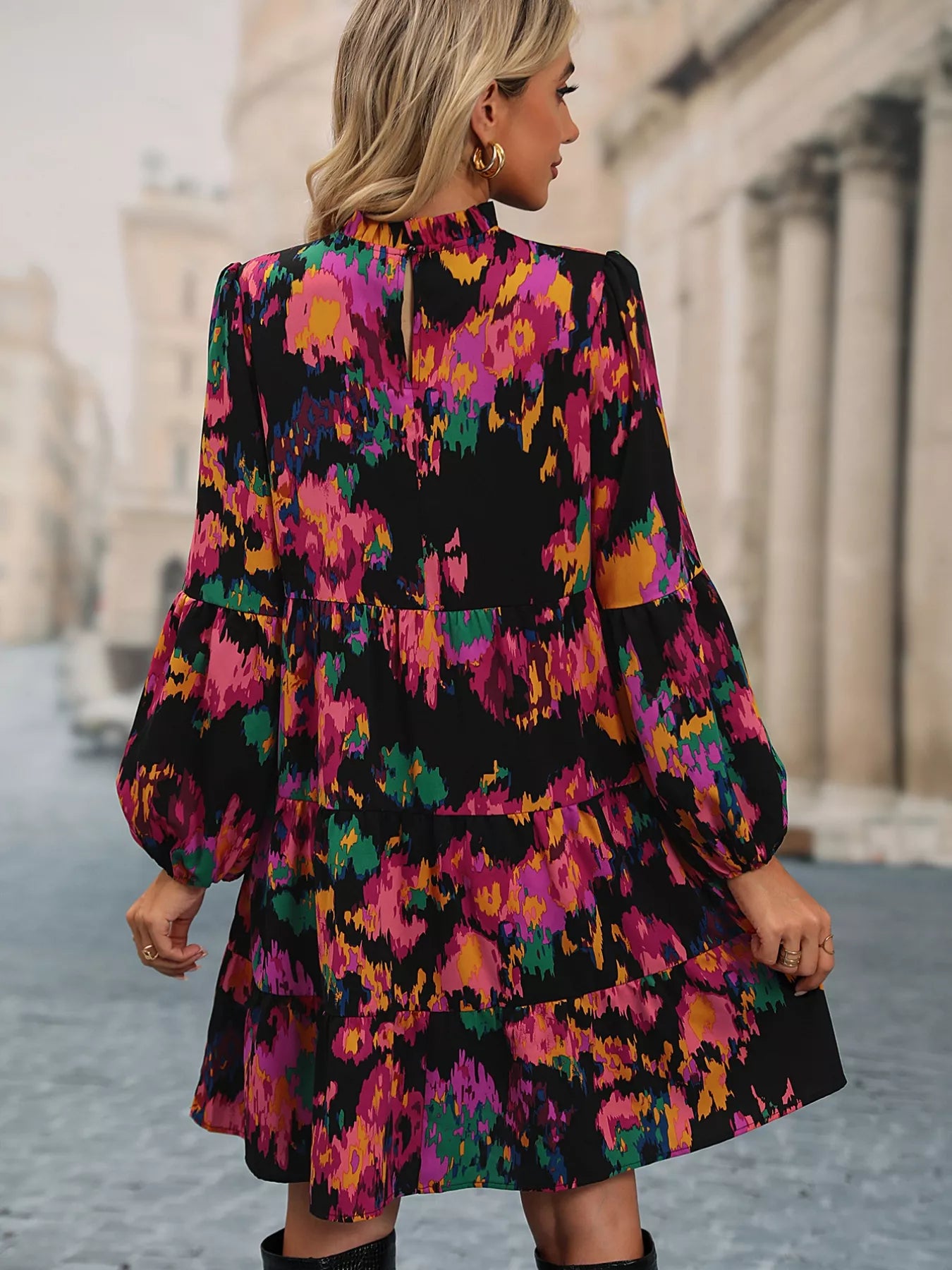Printed Balloon Sleeve Mini Dress