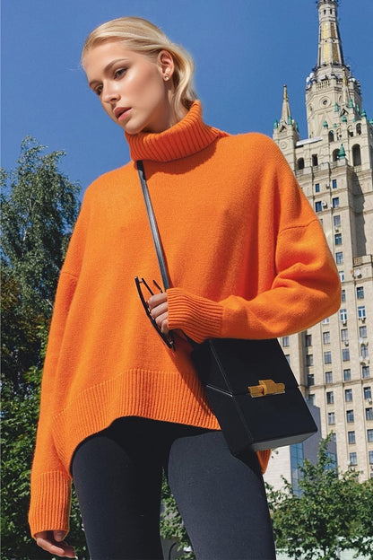 Back To School Sweater - Basic Bae Turtleneck Dropped Shoulder Long Sleeve Sweater Orange One Size