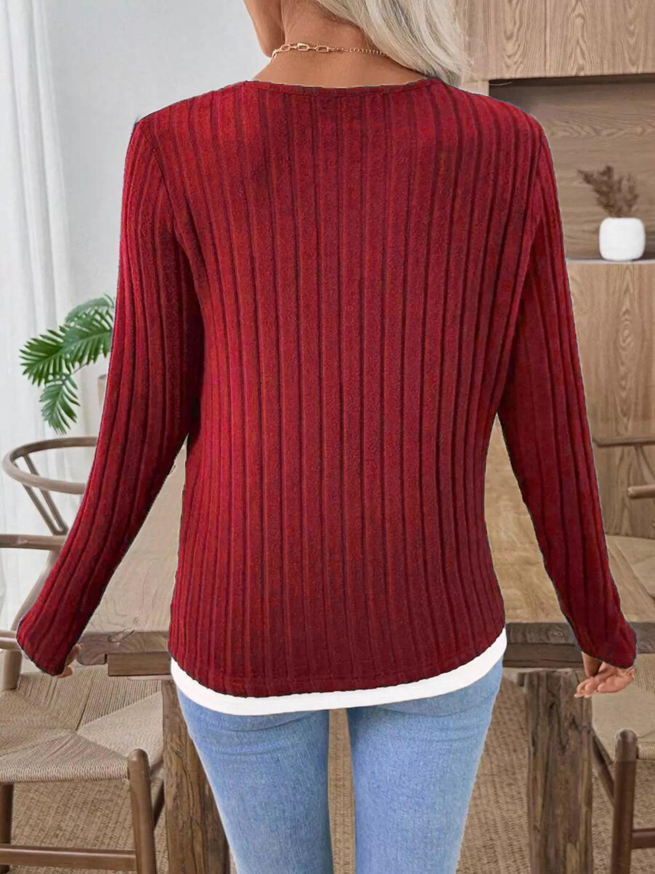 Ribbed Knit Button Detail Contrast Sweater