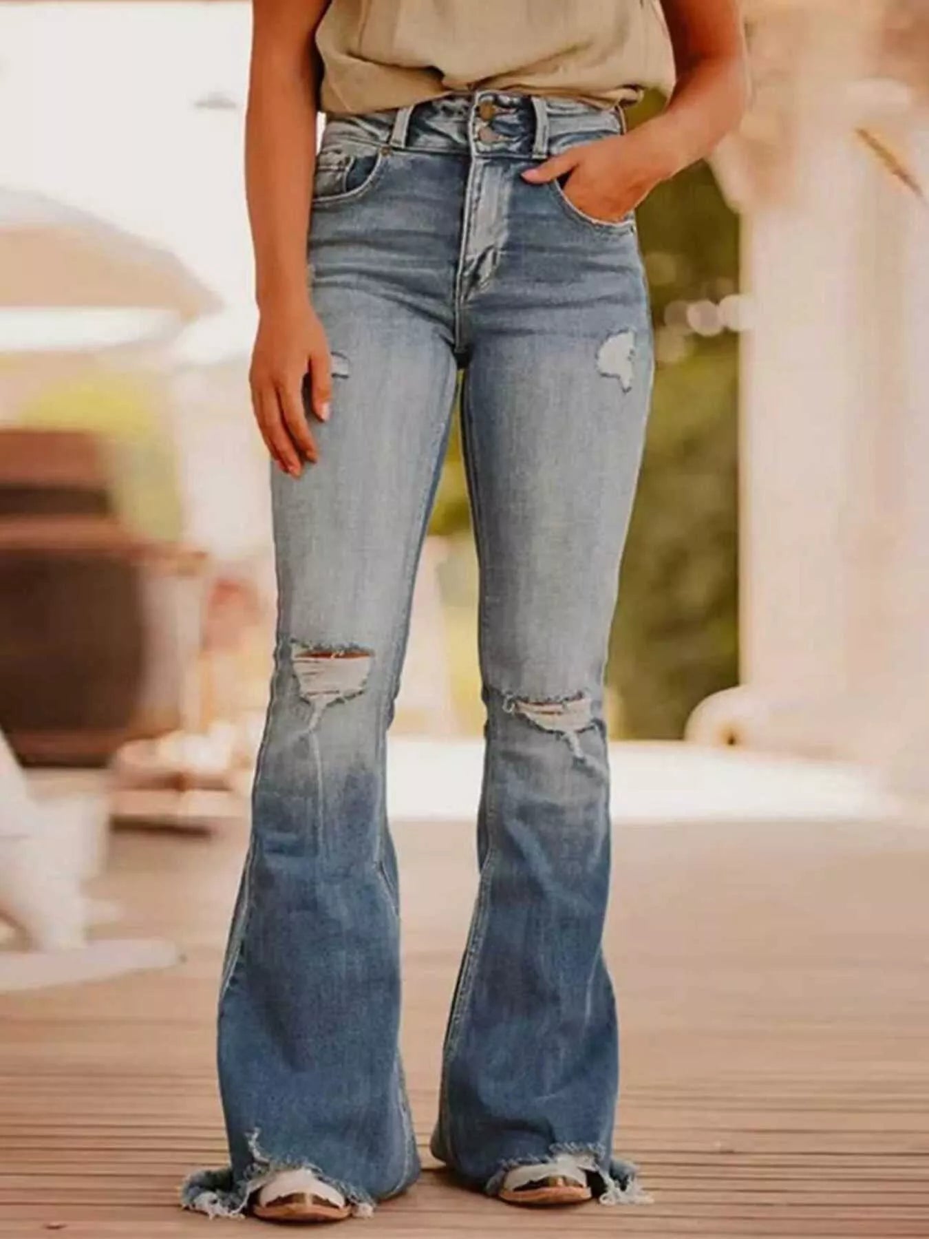 Distressed High Waist Flare Jeans Dusty Blue