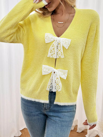 Lace Bow-Tie Front Long Sleeve Cardigan