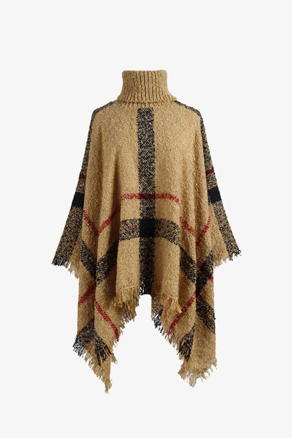 Plaid Turtleneck Raw Hem Poncho Camel One Size