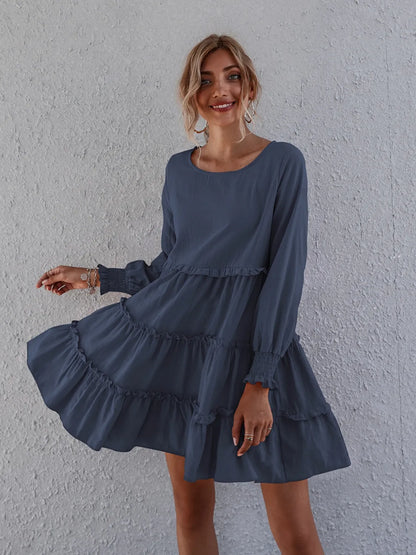 Frill Tiered Long Sleeve Mini Dress Navy
