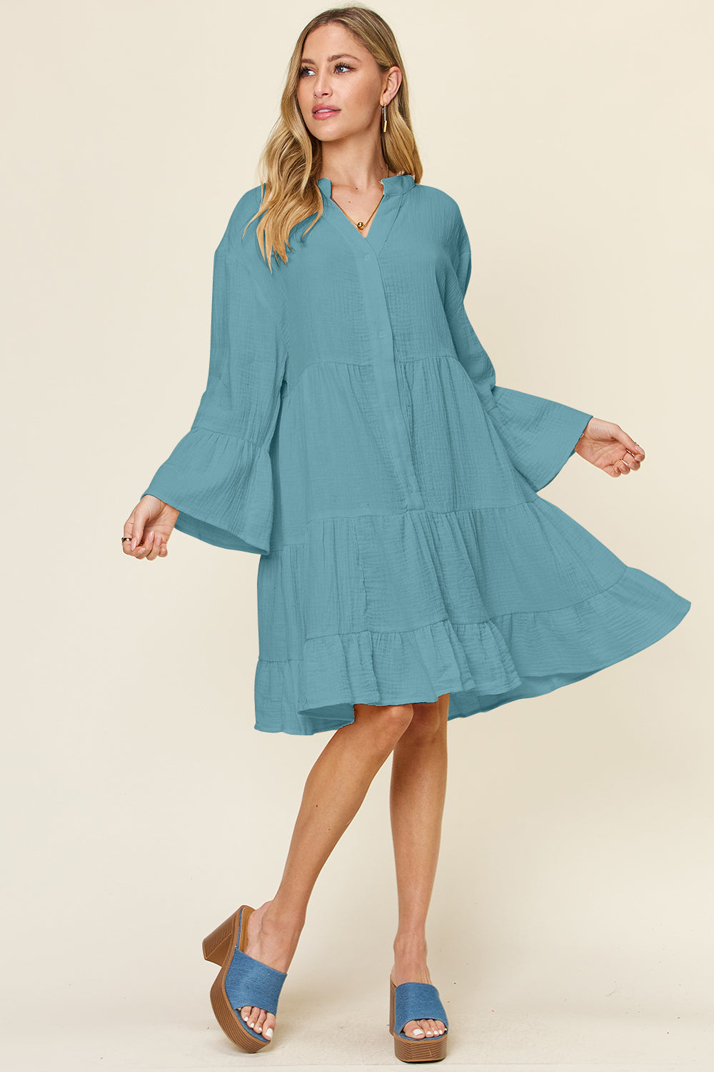 Textured Button-Down Ruffle Hem Dress
