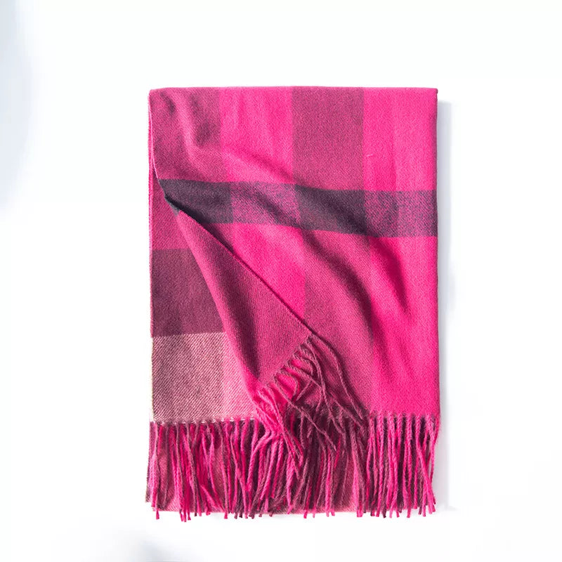 Plaid Tassel Scarf Rose Red One Size