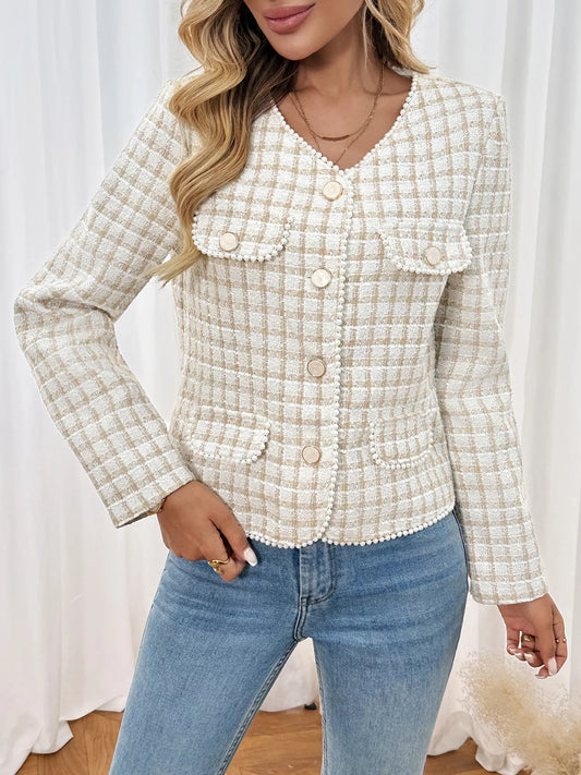 Plaid Button-Front Long Sleeve Outerwear Apricot