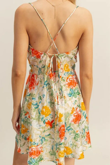 HYFVE Floral Cowl Neck Flirty Satin Mini Dress