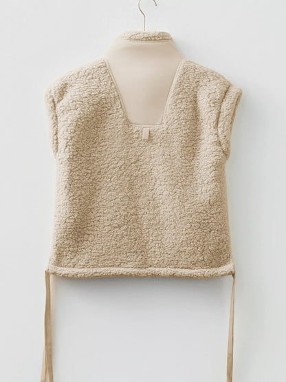 Faux Fur Snap Button Front Knot Side Plush Vest with Pockets