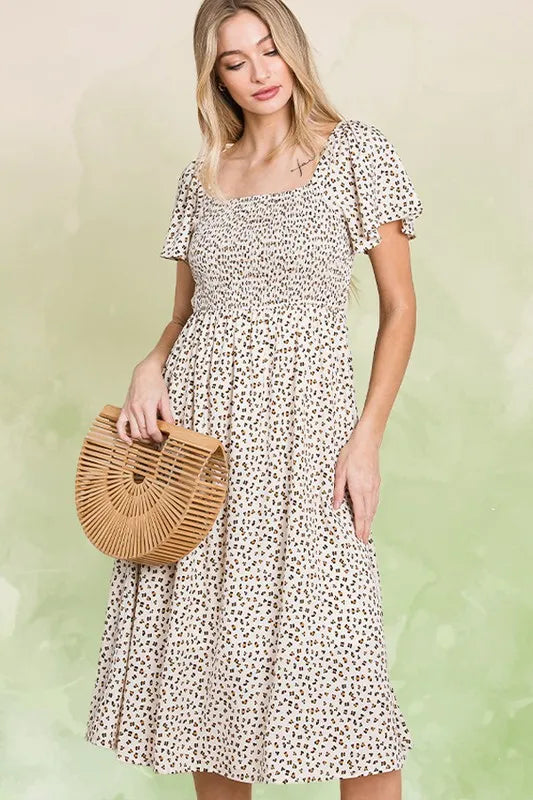 Lime 'N' Chili Ditsy Leopard Print Square Neck Smocked Midi Dress