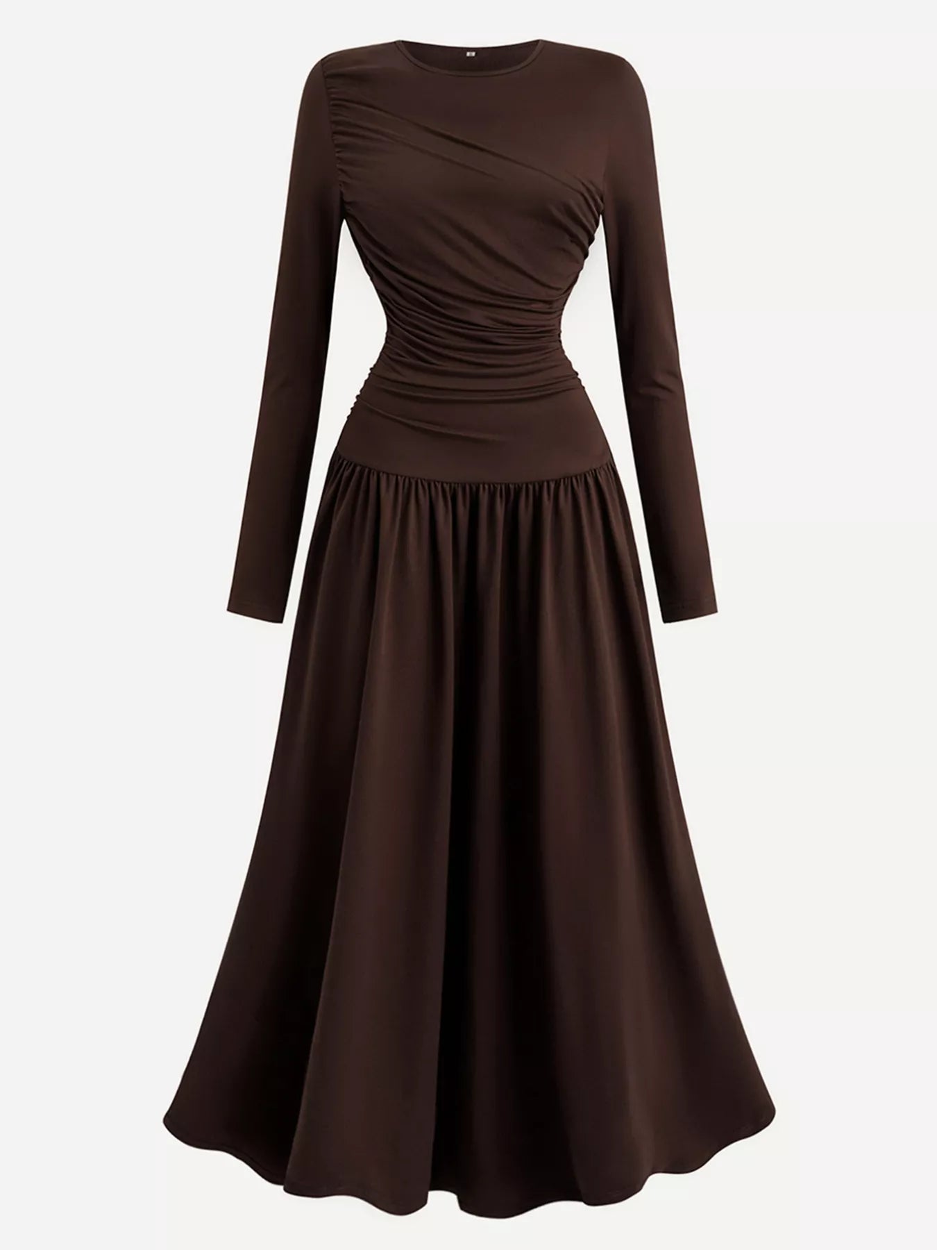 Ruched Long Sleeve A-Line Dress Chocolate