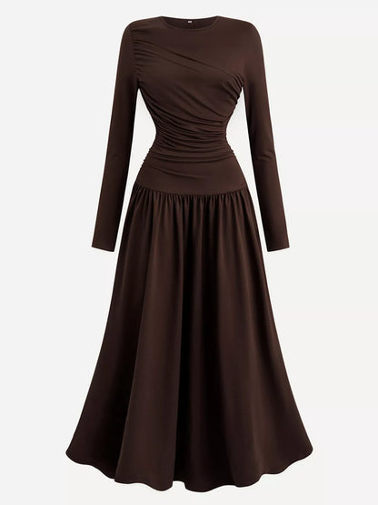 Ruched Long Sleeve A-Line Dress Chocolate