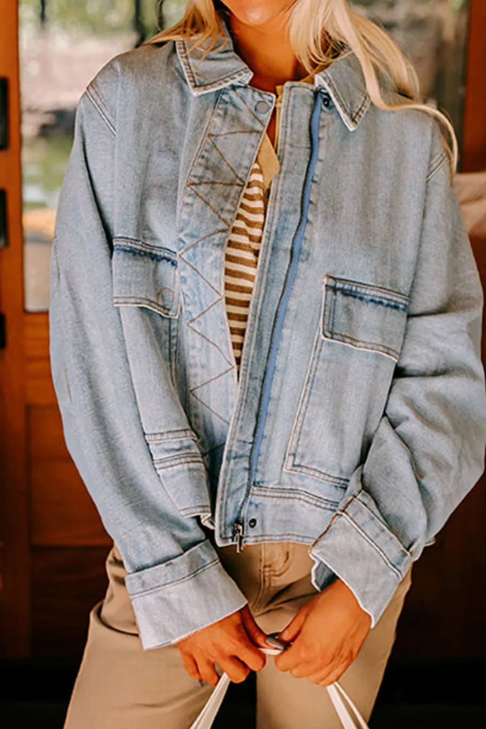 Zip Up Drop Shoulder Denim Jacket Medium