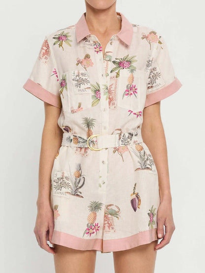 Printed Short Sleeve Romper with Belt