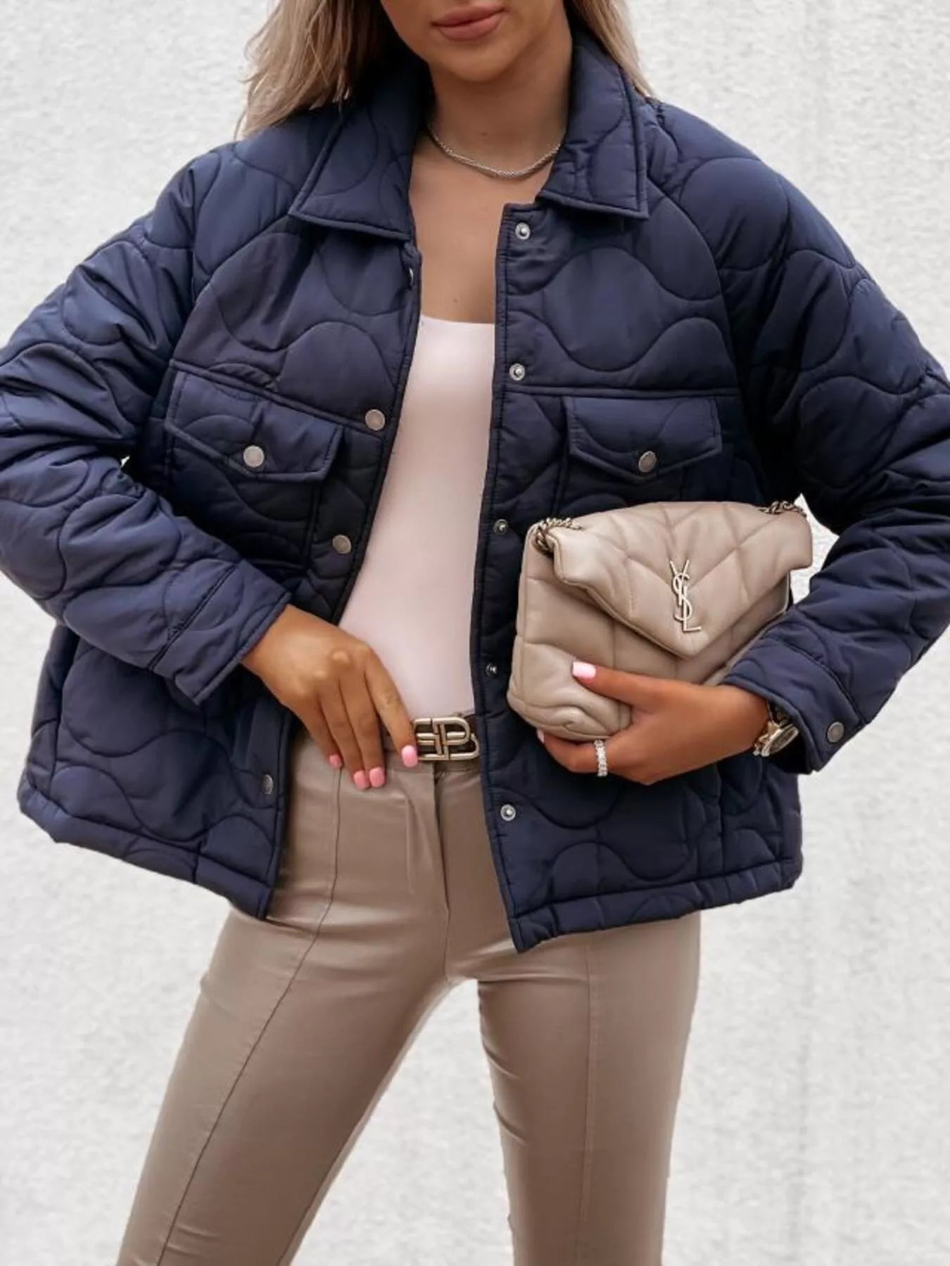Quilted Snap-Down Casual Jacket Navy Blue