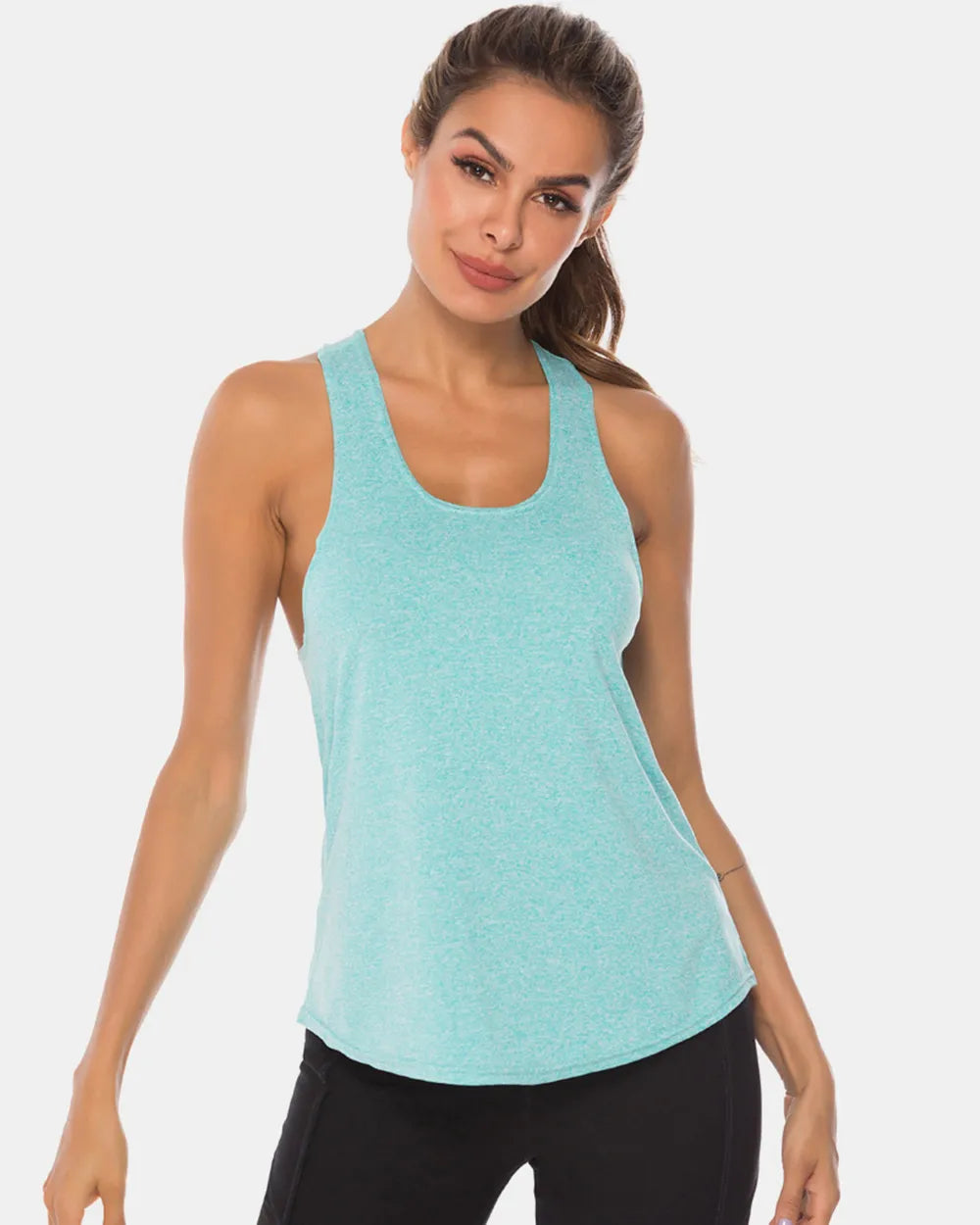 Full Size Scoop Neck Wide Strap Active Tank Aqua