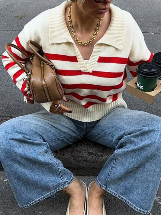 Striped Knit Polo Collar Sweater Red