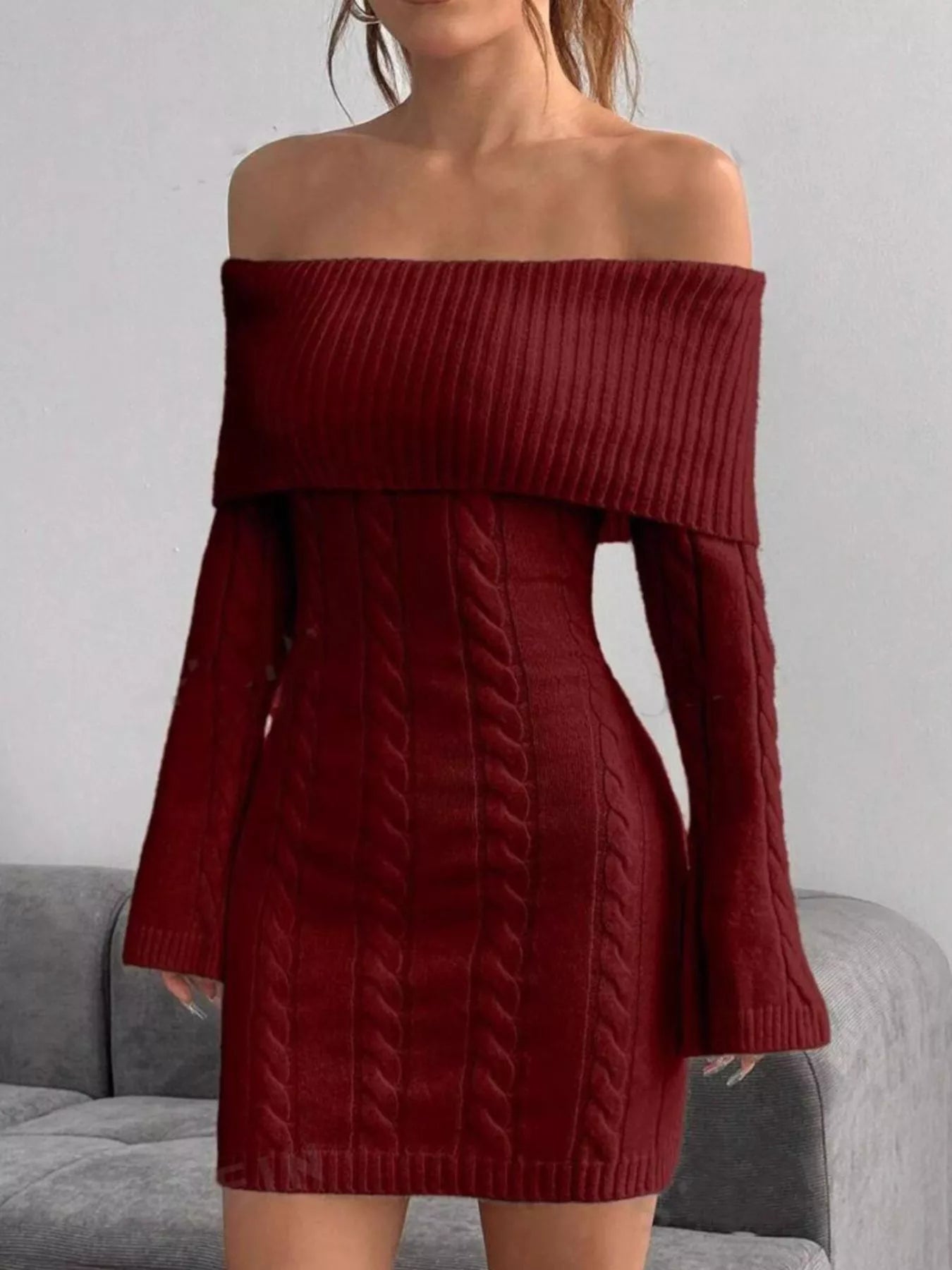 Off-Shoulder Cable Knit Bodycon Sweater Dress Wine Red