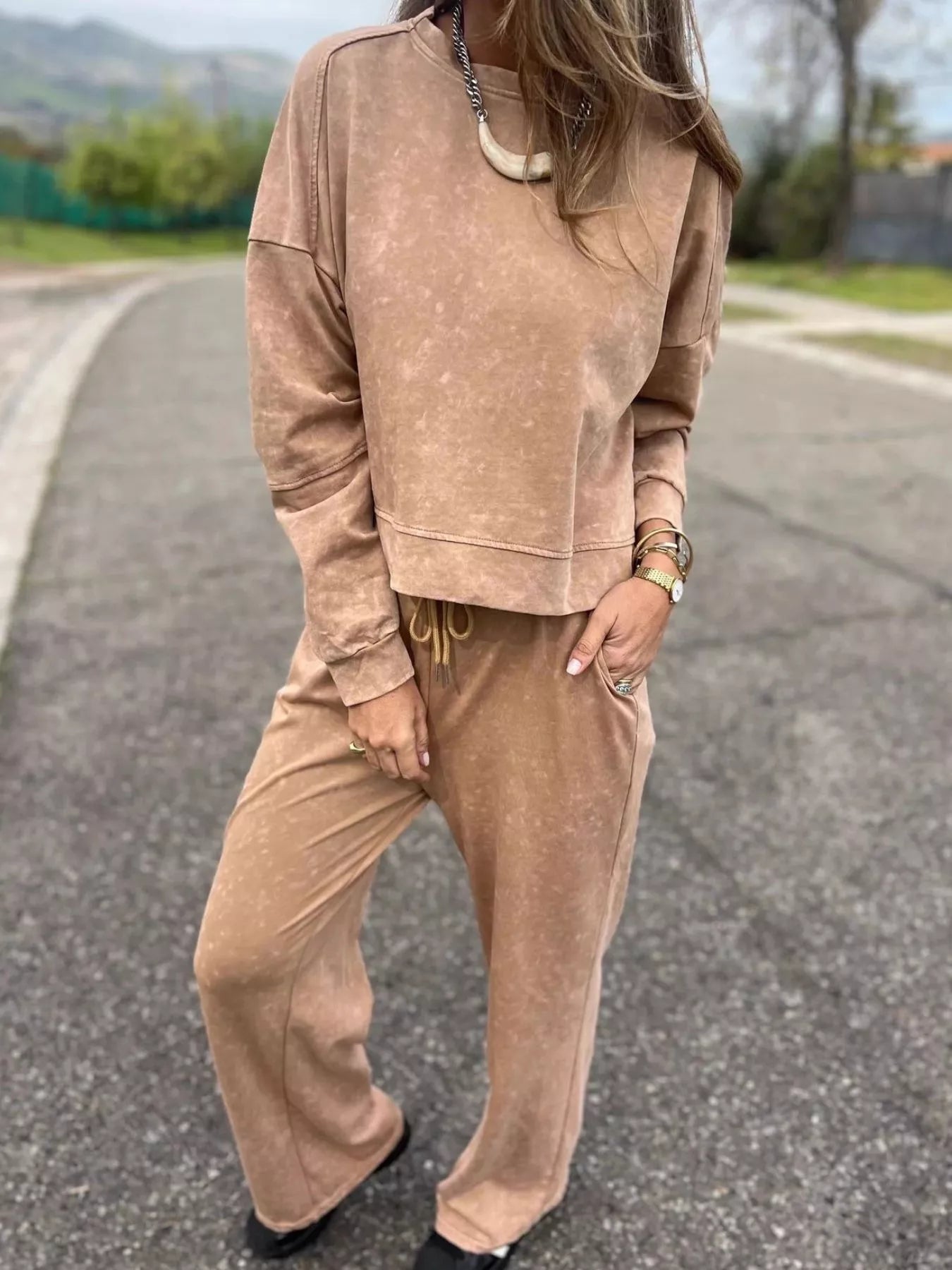Full Size Washed Round Neck Top and Drawstring Pants Set Plus Size
