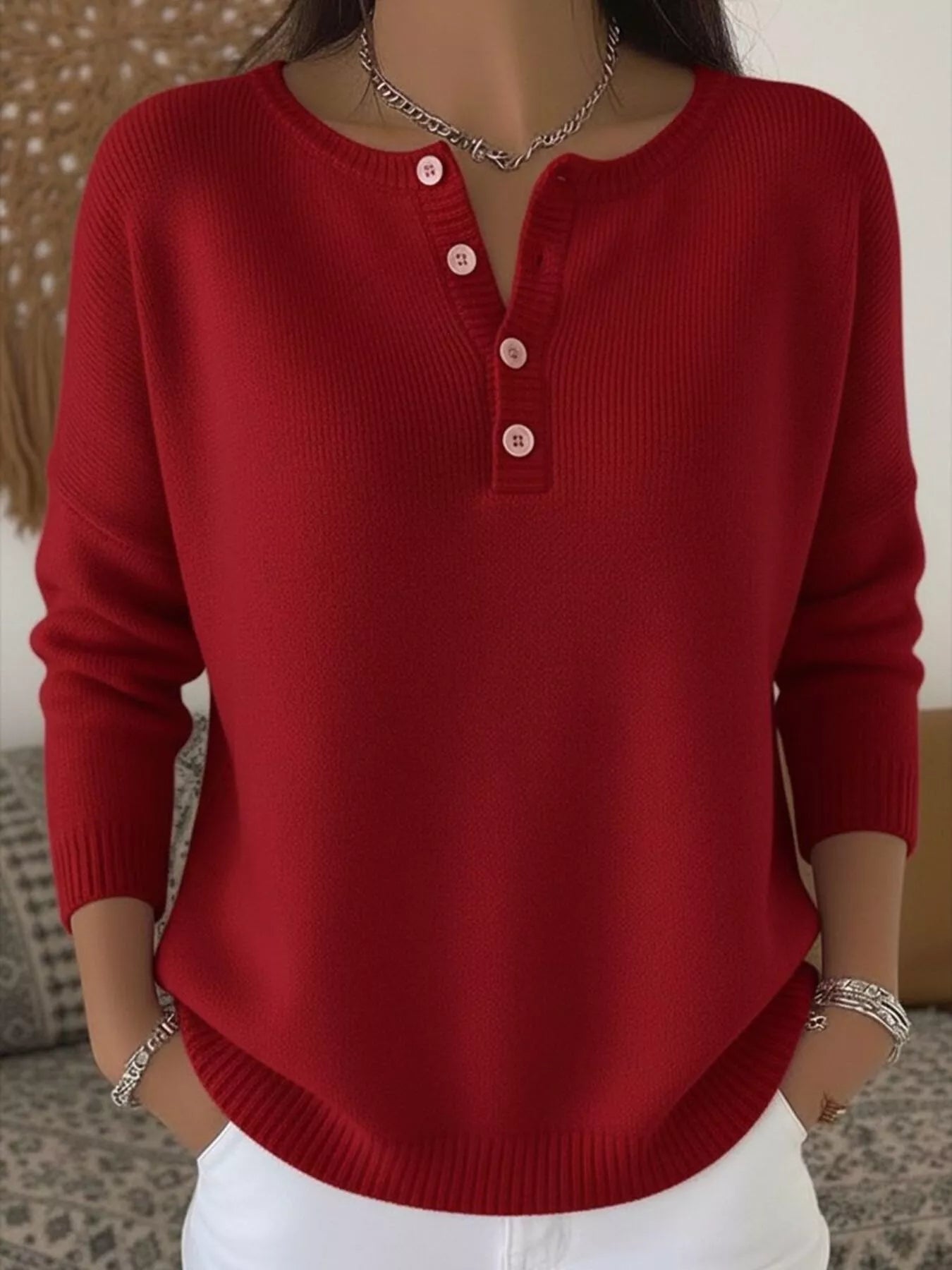 Full Size Half Button Long Sleeve Knit Top Plus Size