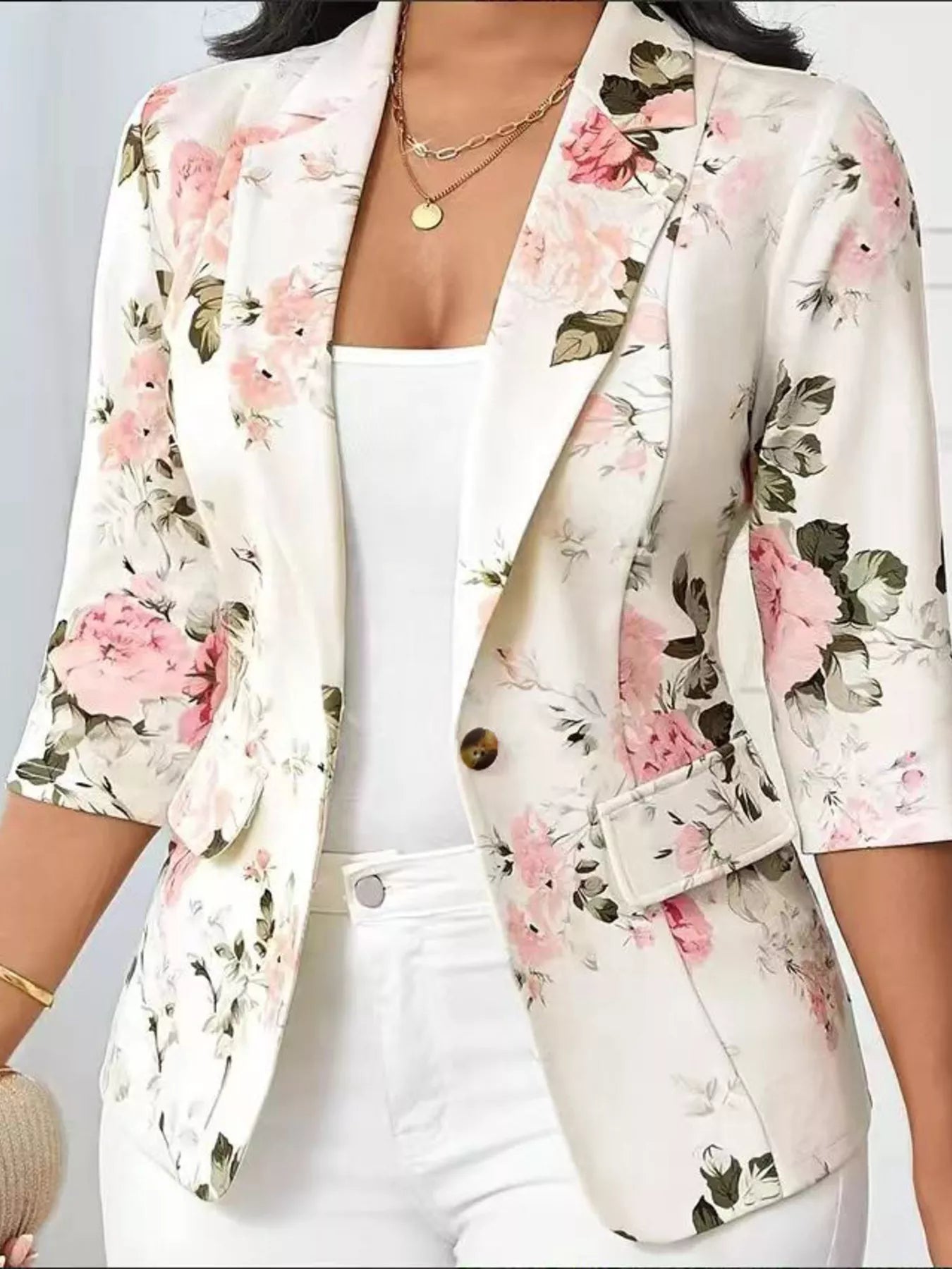 Floral Print One Button Casual Blazer Pink