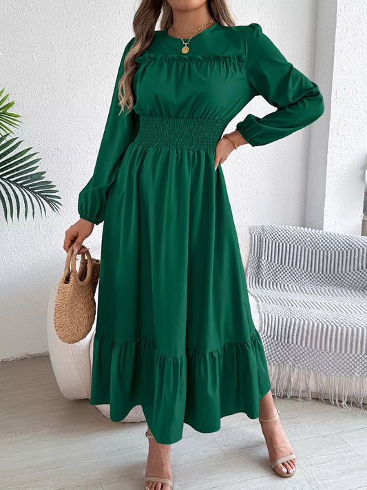 Round Neck Balloon Sleeve Tiered Dress Dark Green