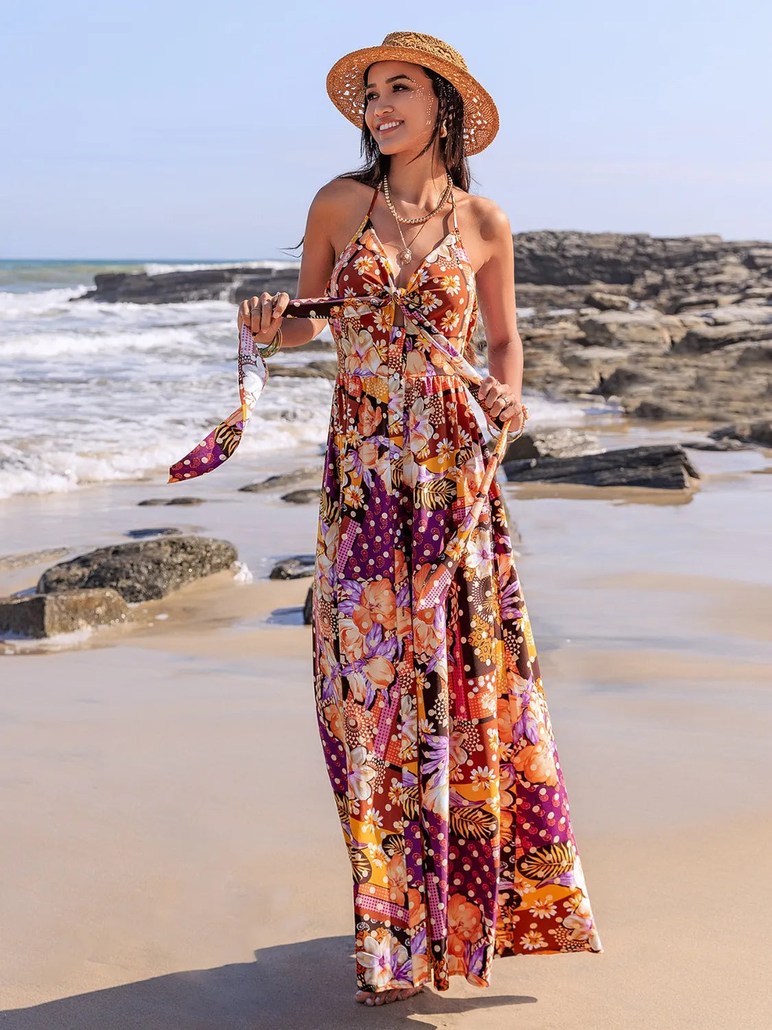 Slit Printed Halter Neck Cami Dress