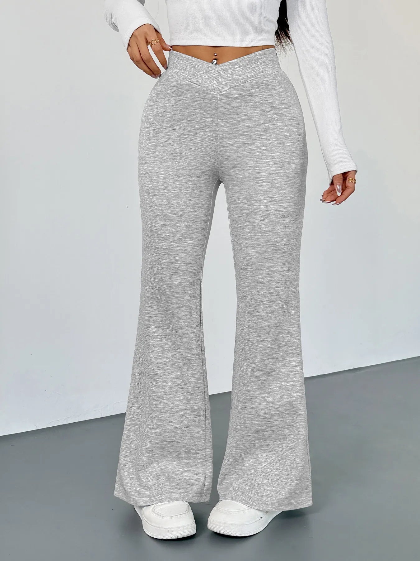 High Waisted Flare Leg Pants Flower Ash
