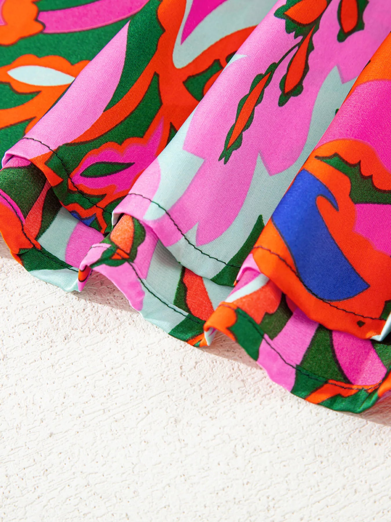 Tropical Print Short Sleeve Tie Neck Blouse