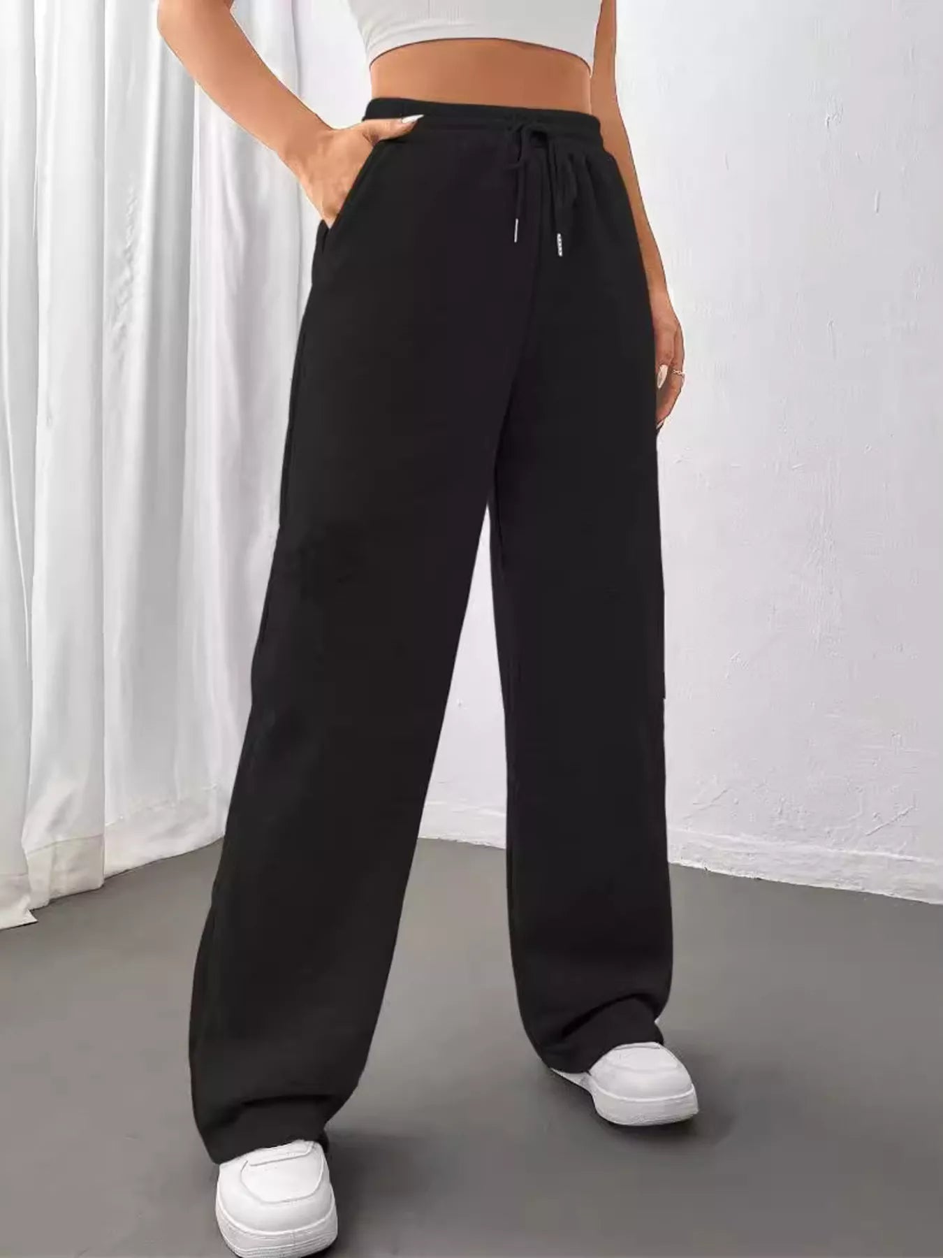 Relaxed Fit Drawstring Waist Solid Pants
