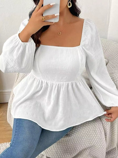 Plus Size Square Neck Long Sleeve Peplum Blouse
