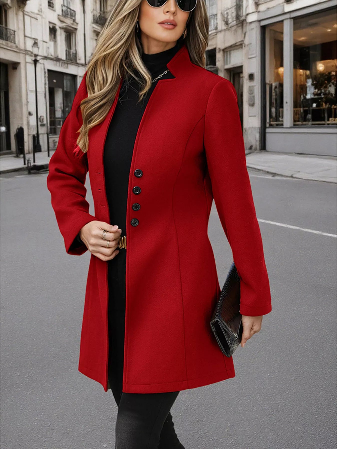 Button Up Long Sleeve Coat Red