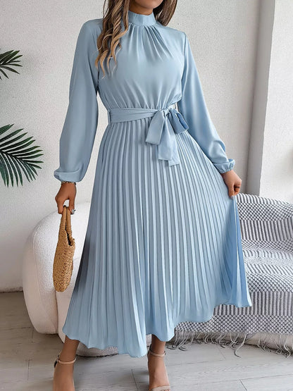 Mock Neck Pleated Midi Dress Light Blue